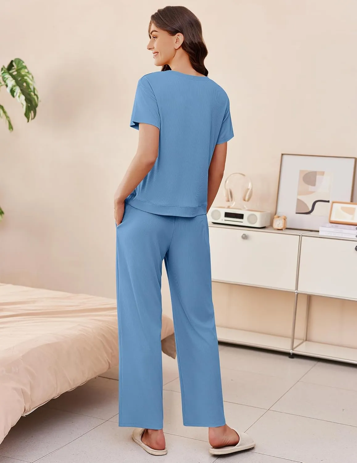 Ekouaer Womens Ribbed Knit Lounge Set Short Sleeve Top and Long Pants Soft Pajama Set 2 Piece Sleepwear with Pockets