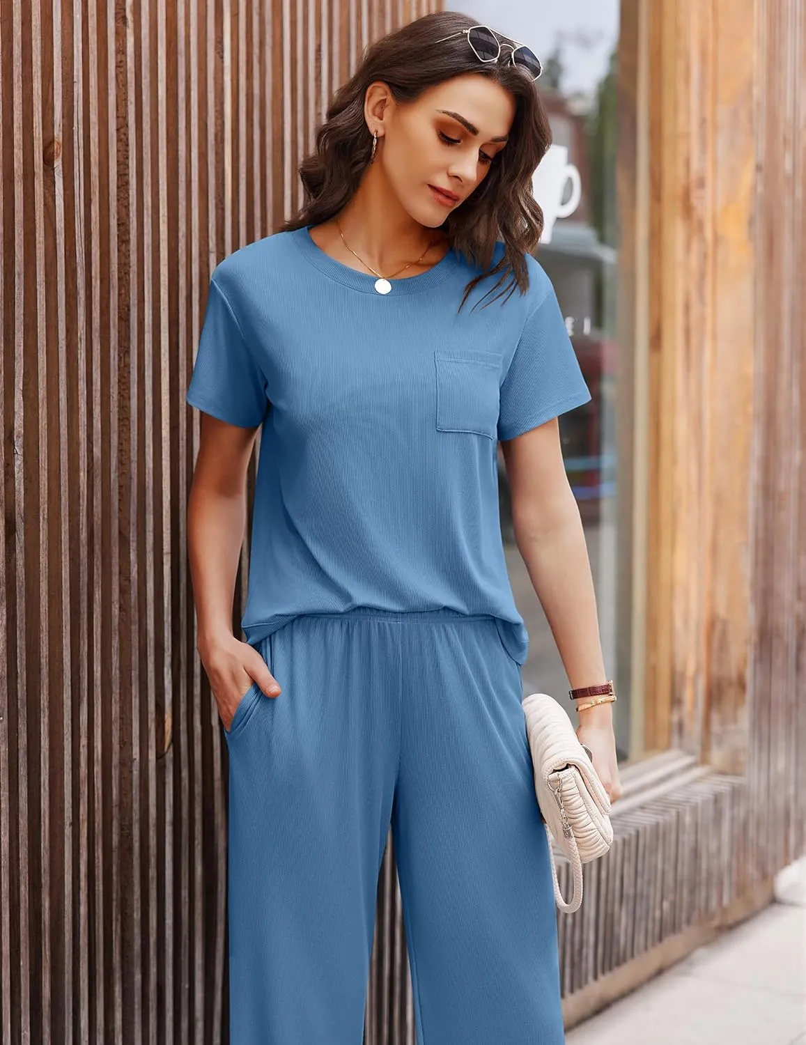 Ekouaer Womens Ribbed Knit Lounge Set Short Sleeve Top and Long Pants Soft Pajama Set 2 Piece Sleepwear with Pockets