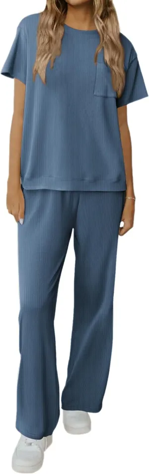 Ekouaer Womens Ribbed Knit Lounge Set Short Sleeve Top and Long Pants Soft Pajama Set 2 Piece Sleepwear with Pockets