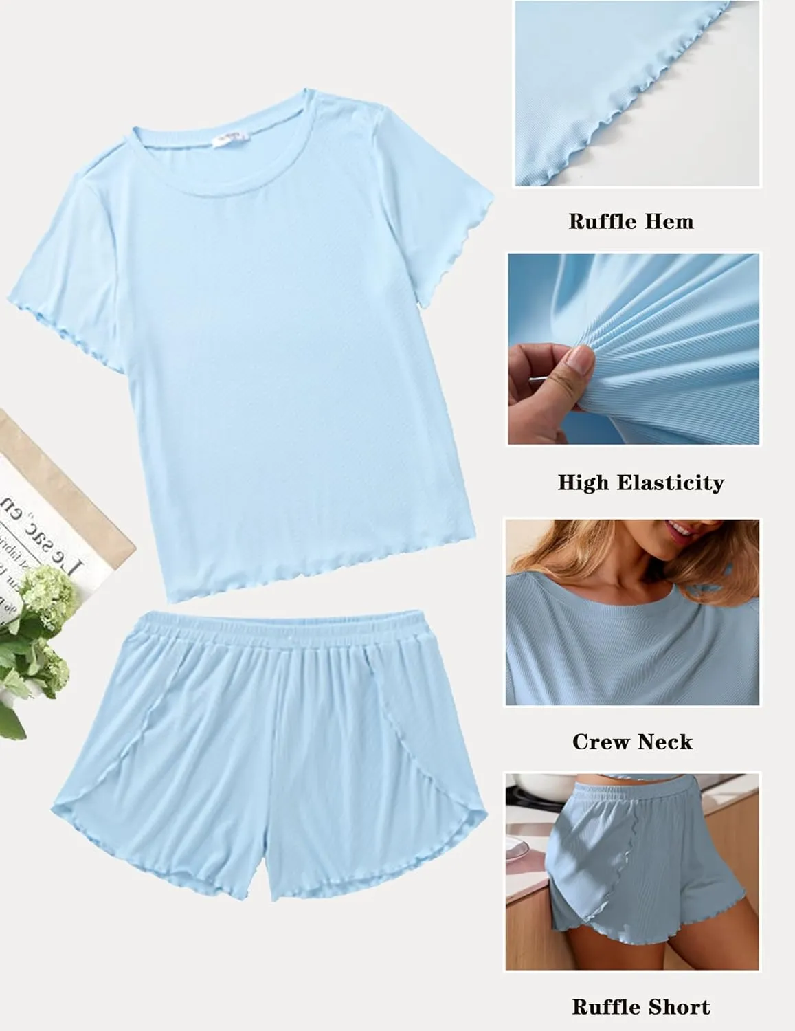 Ekouaer Womens Ribbed Knit Pajama Sets Short Sleeve Top and Shorts Lounge Set Loungewear