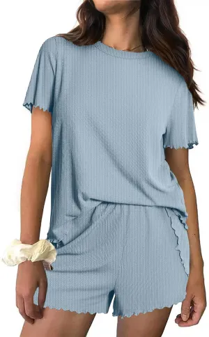 Ekouaer Womens Ribbed Knit Pajama Sets Short Sleeve Top and Shorts Lounge Set Loungewear