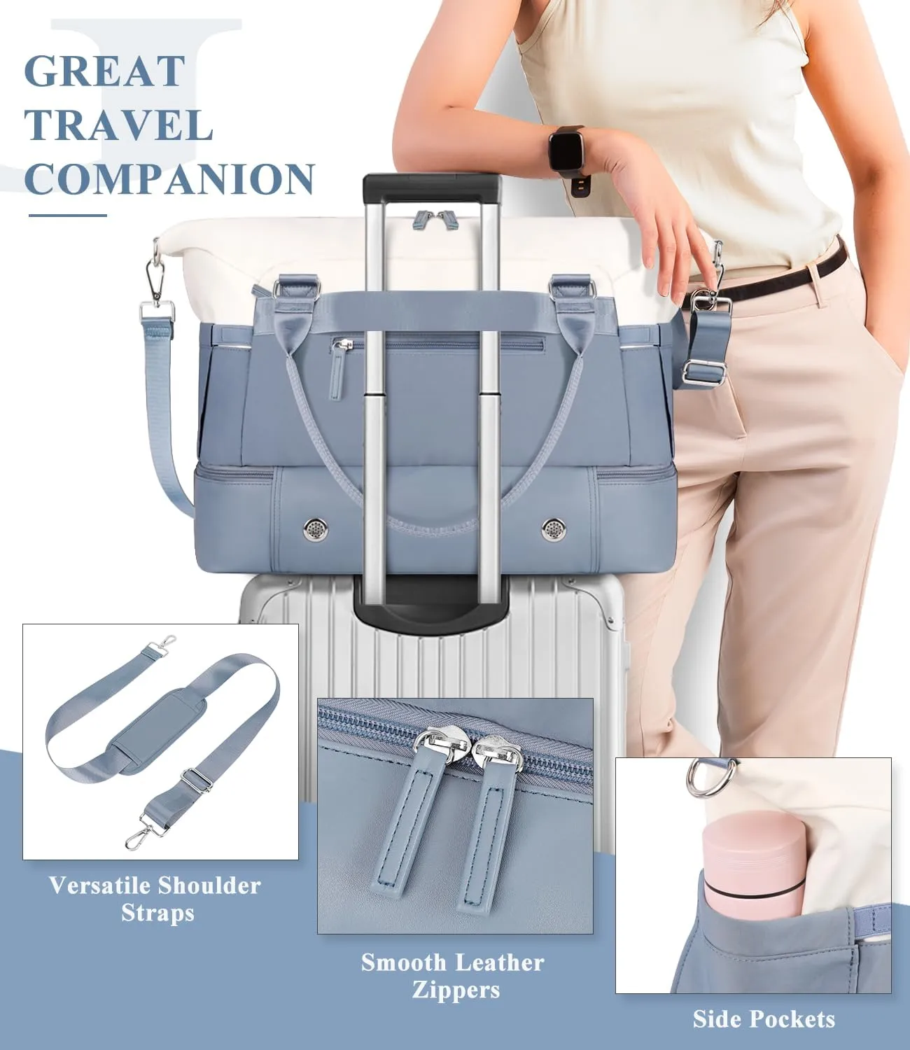 ETRONIK Weekender Bags for Women, Carry On Overnight Bag with Shoe Compartment, Travel Duffel Bag with Wet Pocket, Mom Hospital Bags for Labor and Delivery Blue&White, Large Size