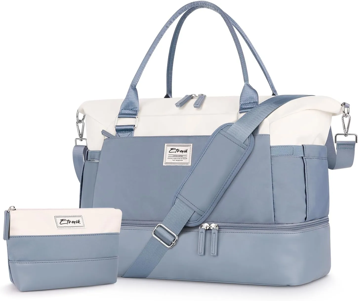 ETRONIK Weekender Bags for Women, Carry On Overnight Bag with Shoe Compartment, Travel Duffel Bag with Wet Pocket, Mom Hospital Bags for Labor and Delivery Blue&White, Large Size