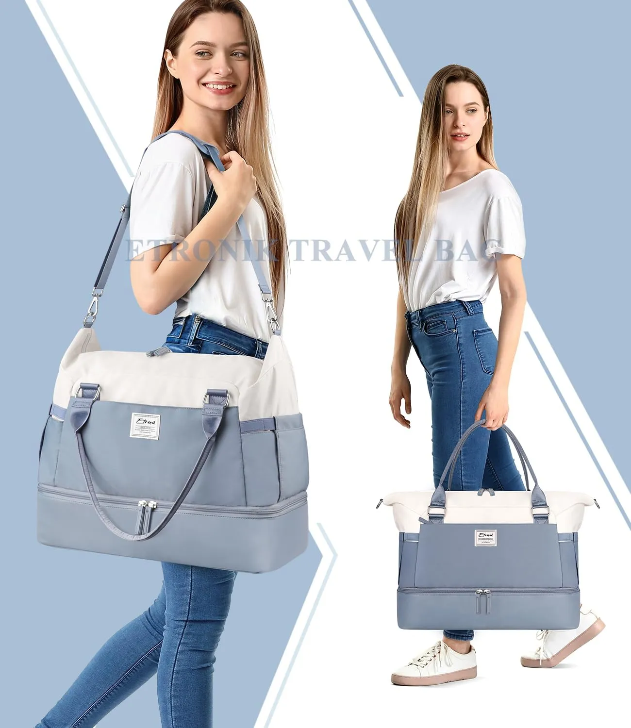 ETRONIK Weekender Bags for Women, Carry On Overnight Bag with Shoe Compartment, Travel Duffel Bag with Wet Pocket, Mom Hospital Bags for Labor and Delivery Blue&White, Large Size
