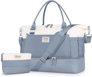 ETRONIK Weekender Bags for Women, Carry On Overnight Bag with Shoe Compartment, Travel Duffel Bag with Wet Pocket, Mom Hospital Bags for Labor and Delivery Blue&White, Large Size