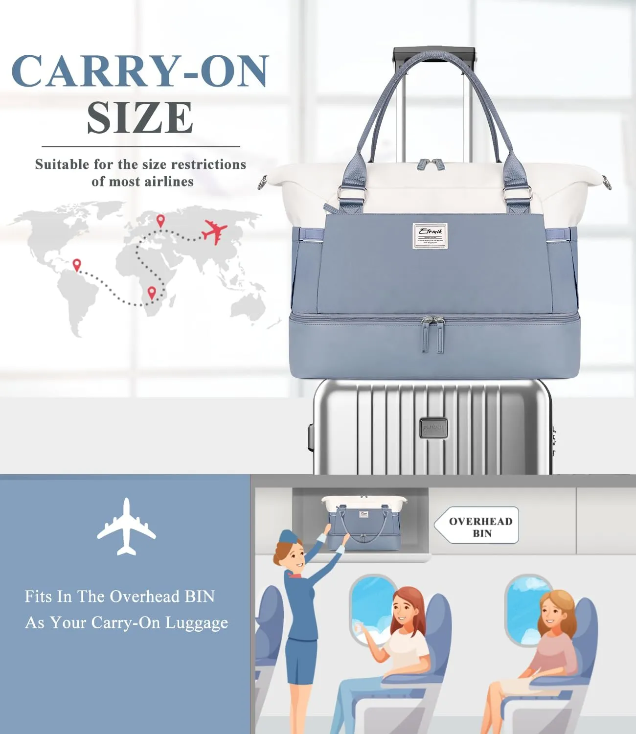 ETRONIK Weekender Bags for Women, Carry On Overnight Bag with Shoe Compartment, Travel Duffel Bag with Wet Pocket, Mom Hospital Bags for Labor and Delivery Blue&White, Large Size