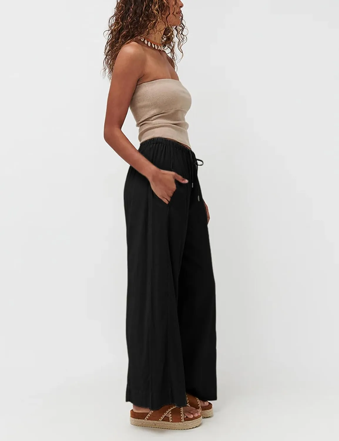Faleave Women's Linen Palazzo Pants Summer Wide Leg High Waist Casual Lounge Pant Trousers with Pocket