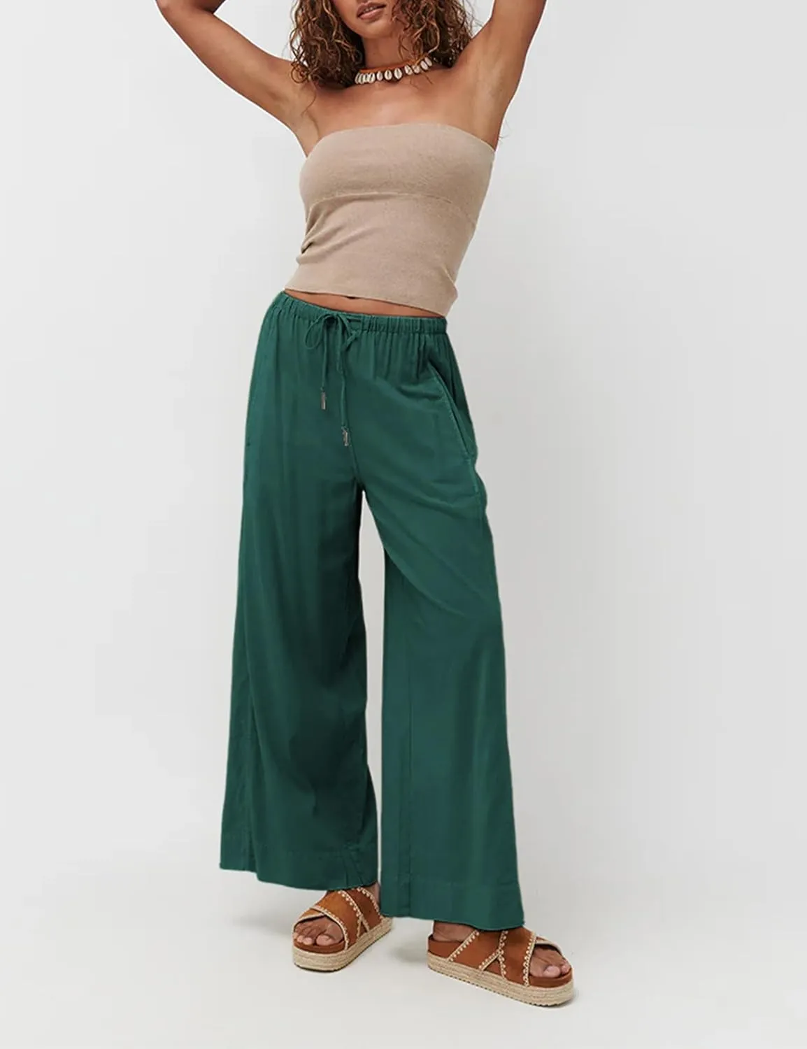Faleave Women's Linen Palazzo Pants Summer Wide Leg High Waist Casual Lounge Pant Trousers with Pocket
