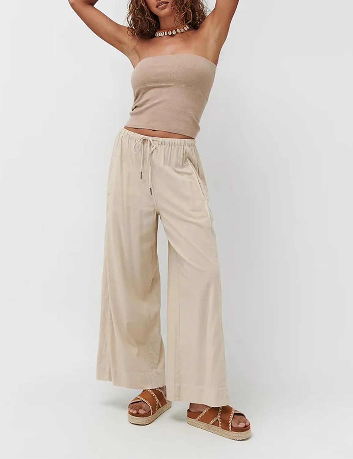 Faleave Women's Linen Palazzo Pants Summer Wide Leg High Waist Casual Lounge Pant Trousers with Pocket
