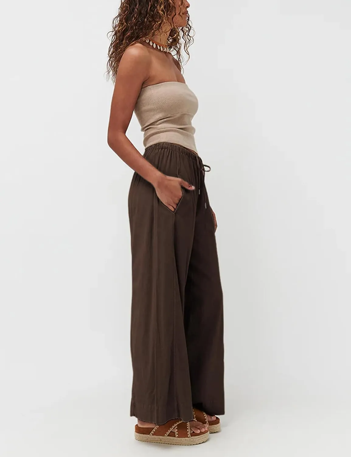 Faleave Women's Linen Palazzo Pants Summer Wide Leg High Waist Casual Lounge Pant Trousers with Pocket