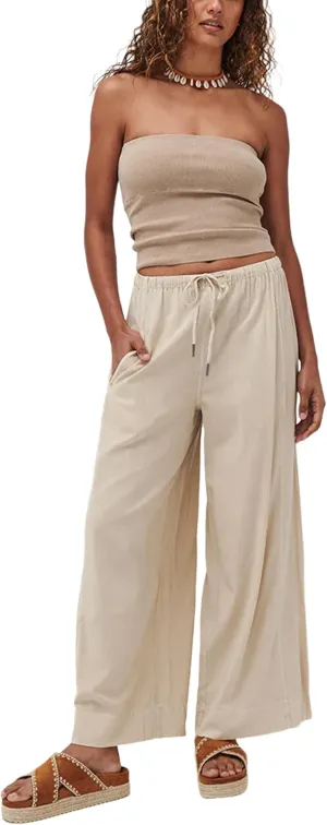 Faleave Women's Linen Palazzo Pants Summer Wide Leg High Waist Casual Lounge Pant Trousers with Pocket