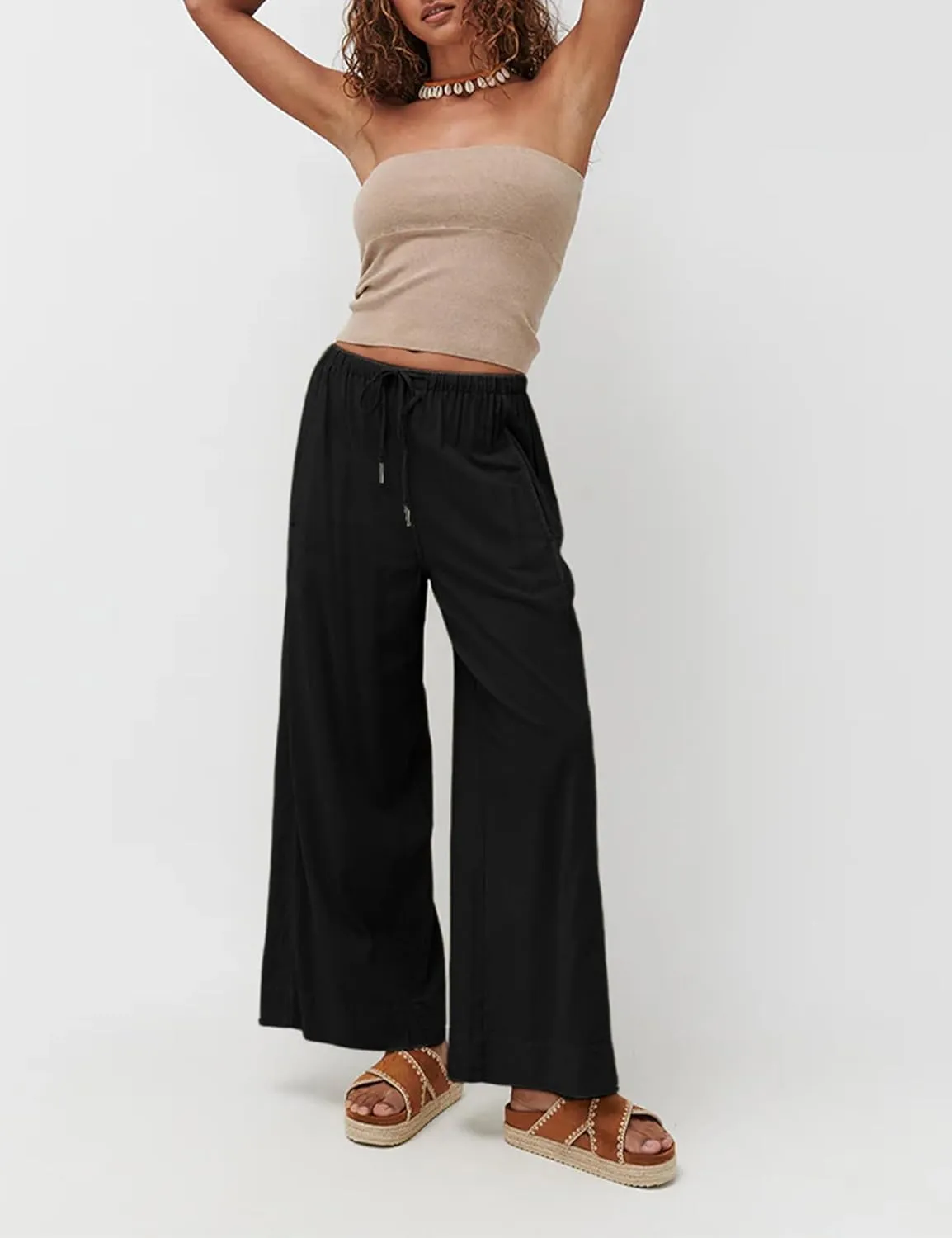 Faleave Women's Linen Palazzo Pants Summer Wide Leg High Waist Casual Lounge Pant Trousers with Pocket