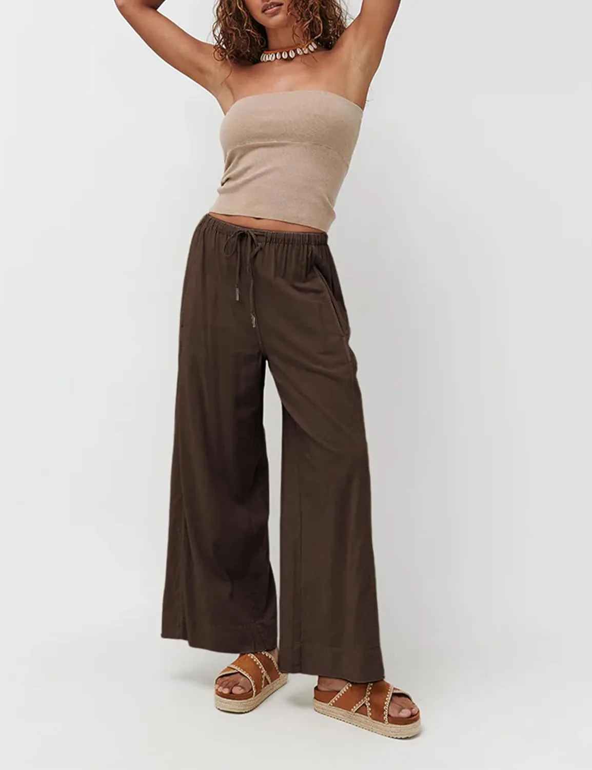 Faleave Women's Linen Palazzo Pants Summer Wide Leg High Waist Casual Lounge Pant Trousers with Pocket
