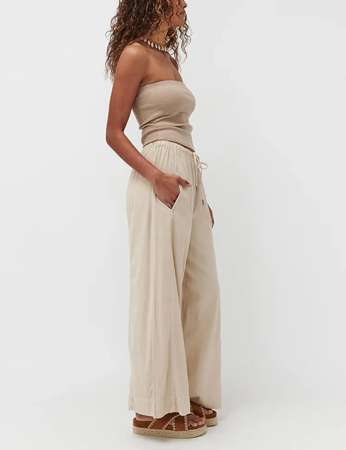 Faleave Women's Linen Palazzo Pants Summer Wide Leg High Waist Casual Lounge Pant Trousers with Pocket