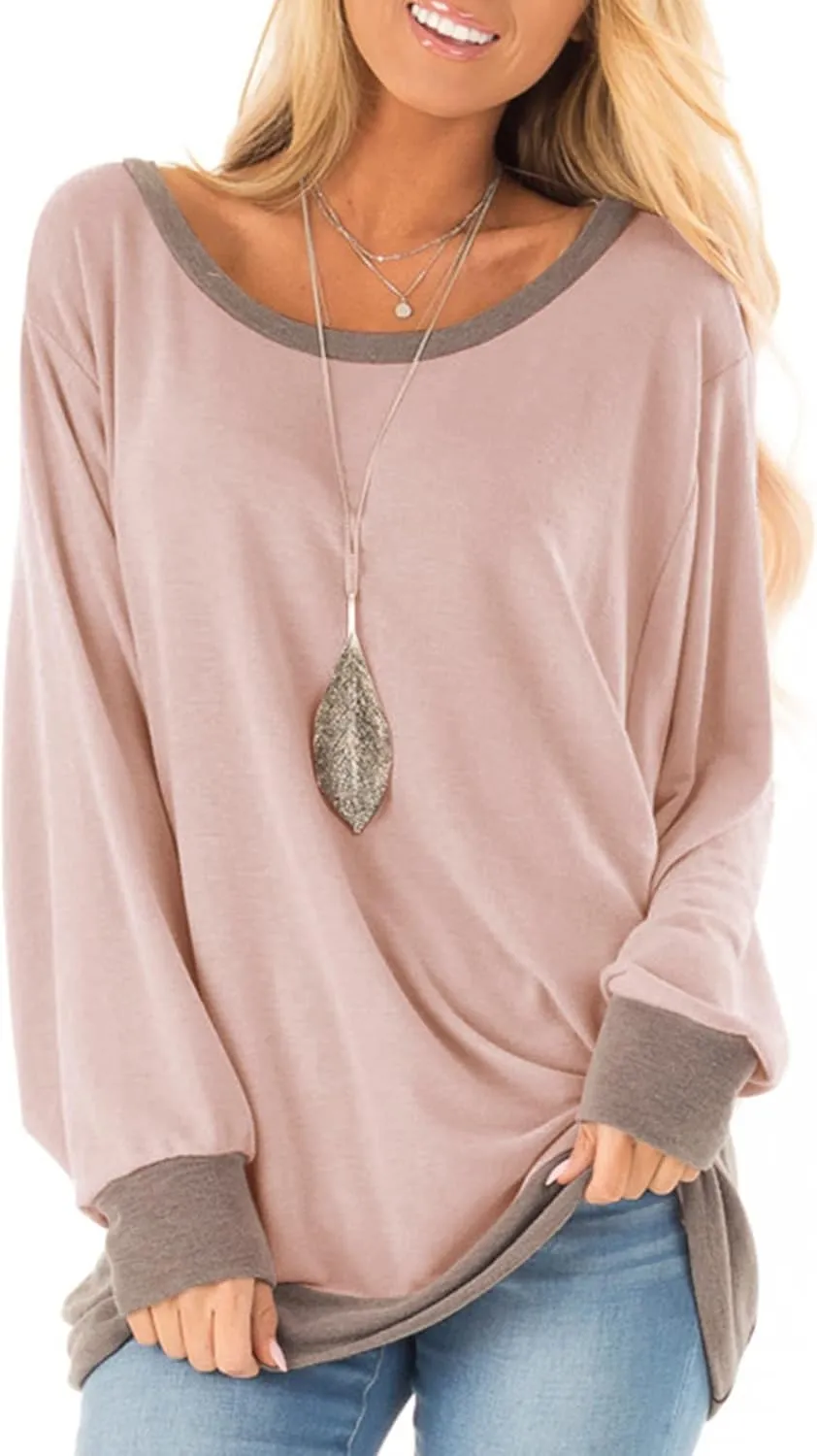 Fallorchid Womens Long Sleeve Tops Crew Neck Tunics Clothes Casual Color Block Sweatshirt