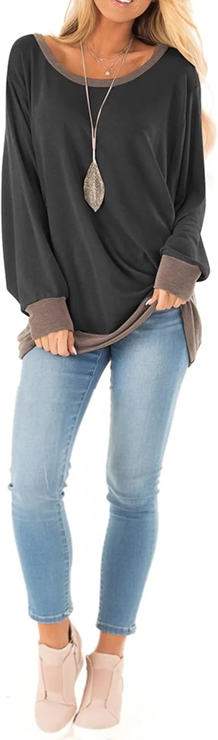 Fallorchid Womens Long Sleeve Tops Crew Neck Tunics Clothes Casual Color Block Sweatshirt