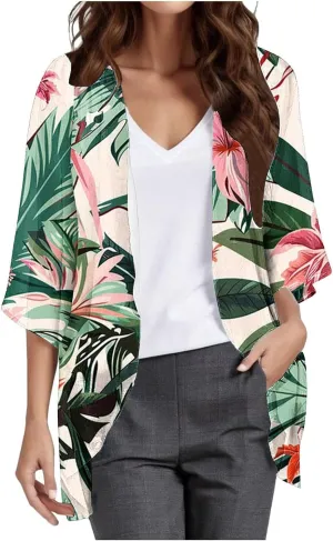 Floral Print Puff Sleeve Kimono For Women Cardigans 3/4 Sleeve Chiffon Coverup 2025 Loose Open Front Cover Beach Tops