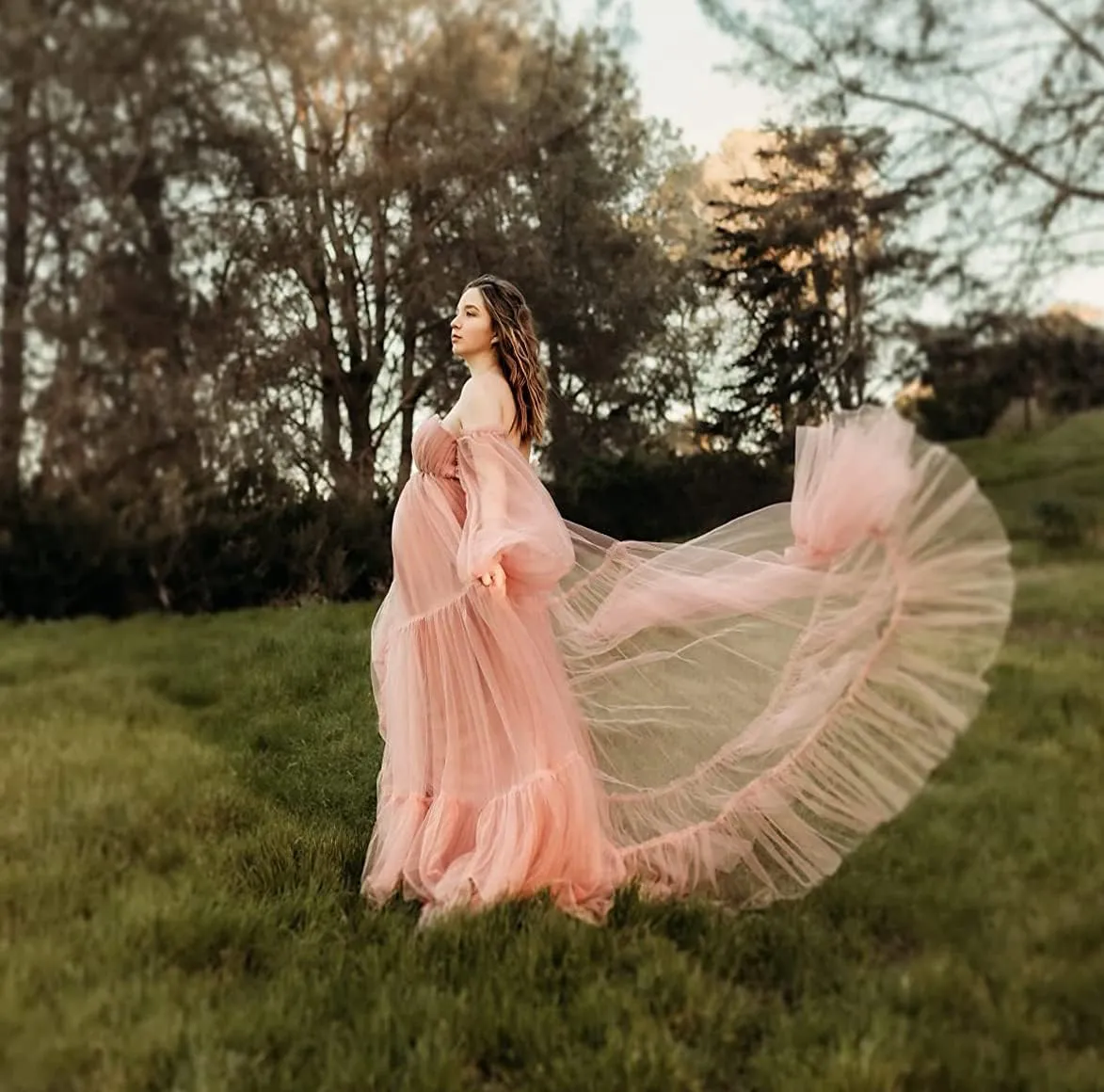 Fluffy Tulle Robe Sheer Maternity Dress for Photoshoot V Neck Bridal Lingerie Long Baby Shower Dress Pregnancy Gowns