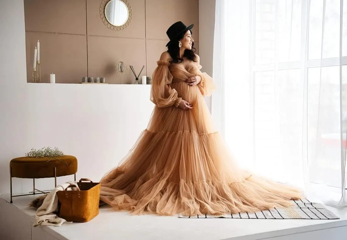 Fluffy Tulle Robe Sheer Maternity Dress for Photoshoot V Neck Bridal Lingerie Long Baby Shower Dress Pregnancy Gowns