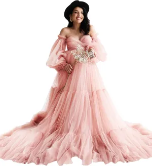 Fluffy Tulle Robe Sheer Maternity Dress for Photoshoot V Neck Bridal Lingerie Long Baby Shower Dress Pregnancy Gowns