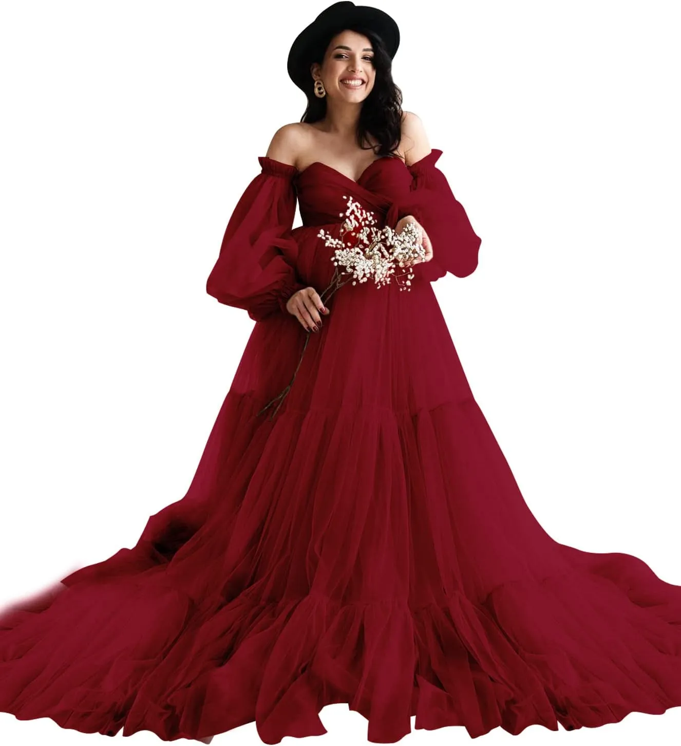 Fluffy Tulle Robe Sheer Maternity Dress for Photoshoot V Neck Bridal Lingerie Long Baby Shower Dress Pregnancy Gowns