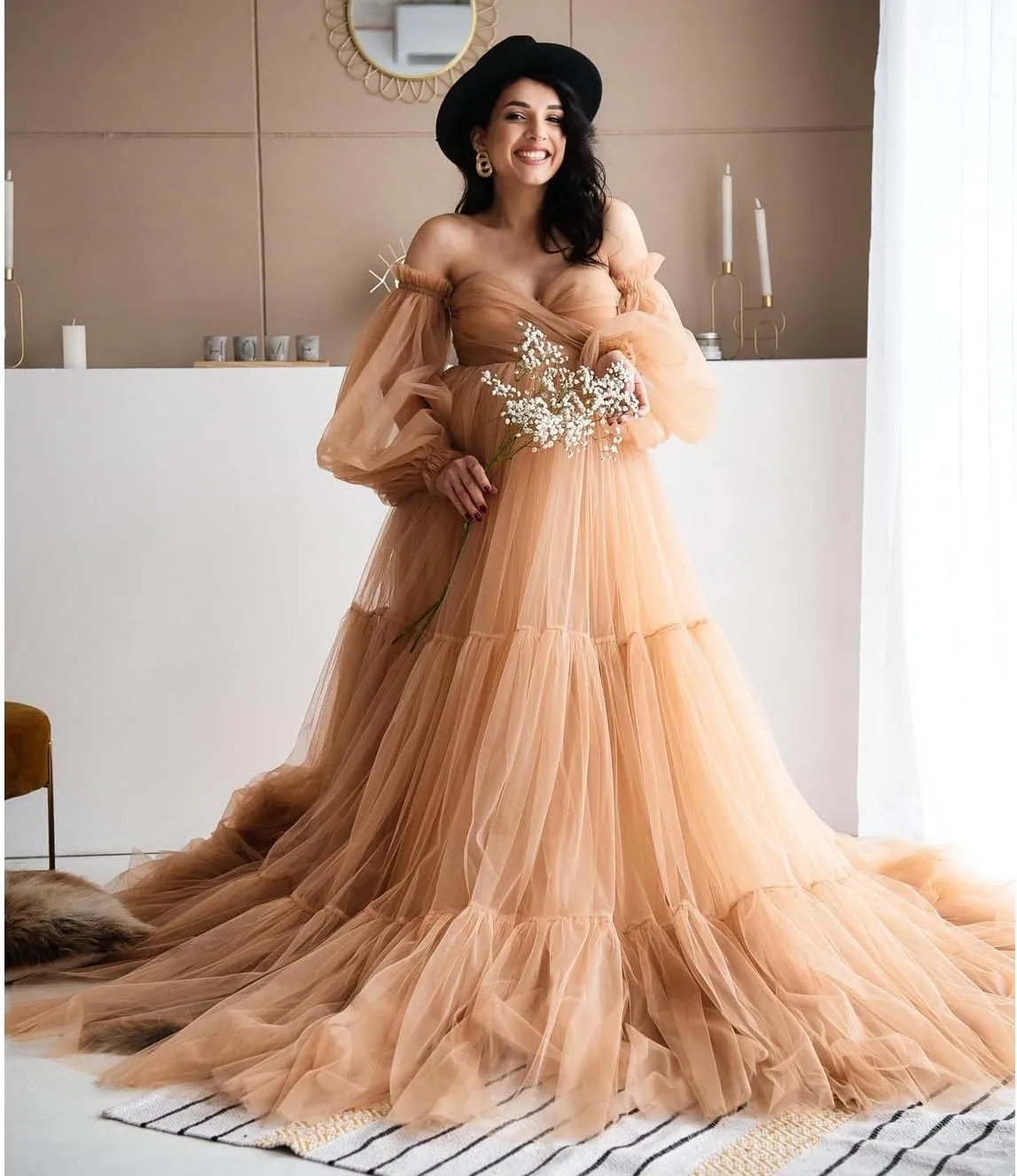 Fluffy Tulle Robe Sheer Maternity Dress for Photoshoot V Neck Bridal Lingerie Long Baby Shower Dress Pregnancy Gowns