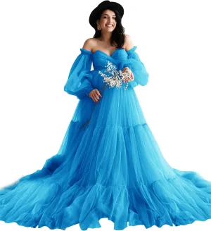 Fluffy Tulle Robe Sheer Maternity Dress for Photoshoot V Neck Bridal Lingerie Long Baby Shower Dress Pregnancy Gowns