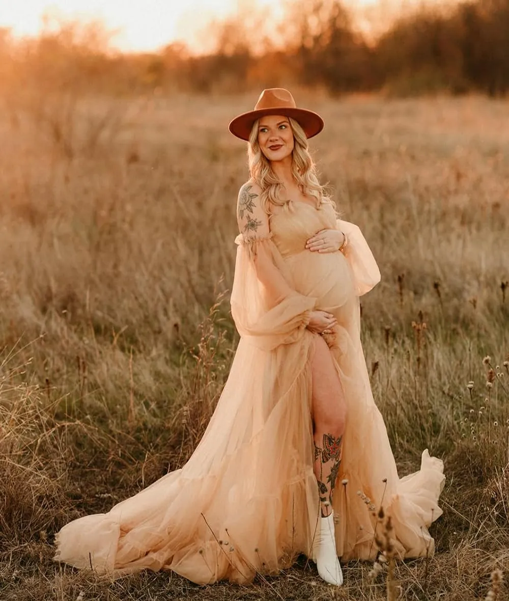 Fluffy Tulle Robe Sheer Maternity Dress for Photoshoot V Neck Bridal Lingerie Long Baby Shower Dress Pregnancy Gowns