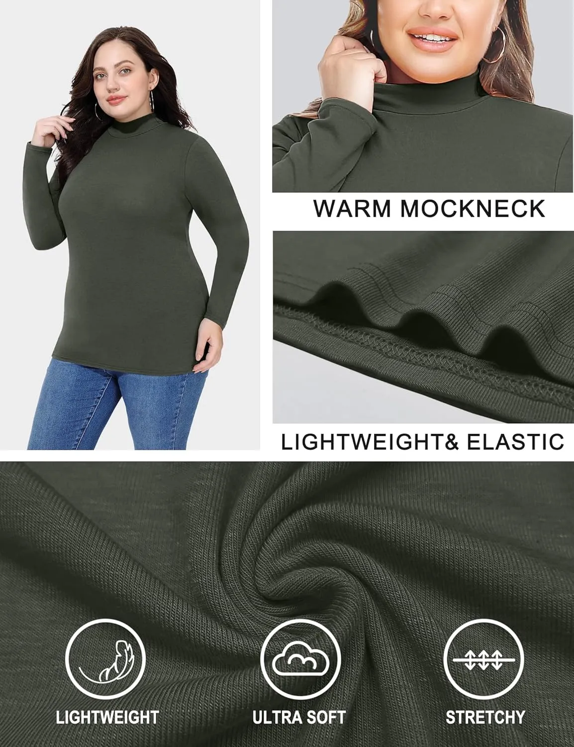 FOREYOND Women’s Plus Size Tops Long Sleeve Lightweight Pullover Mock Turtleneck Tunics Tops