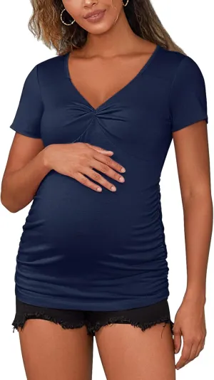 GINKANA Women Short Sleeve Maternity Shirts Tops Ruched Sides Casual Pregnancy Tees Tunics Blouses Summer Maternity Clothes