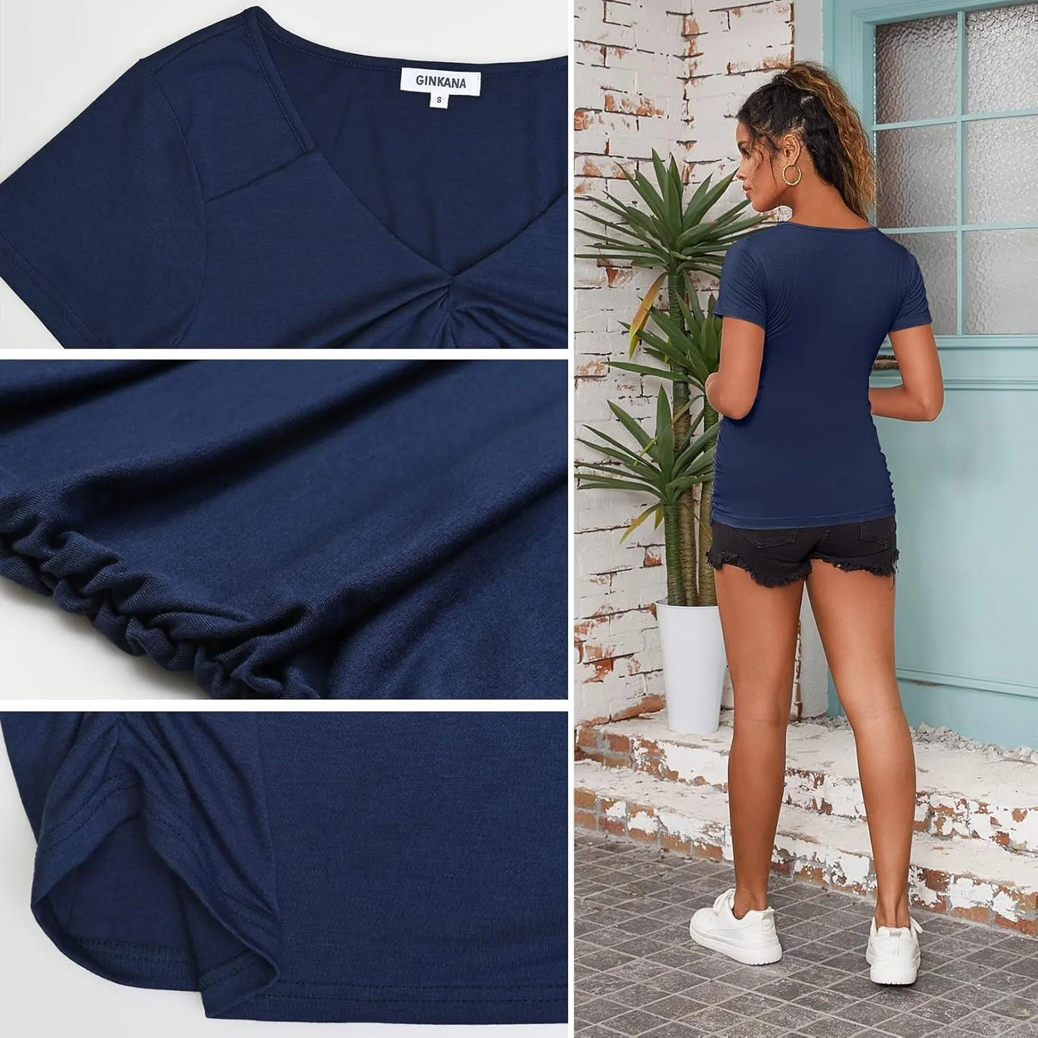GINKANA Women Short Sleeve Maternity Shirts Tops Ruched Sides Casual Pregnancy Tees Tunics Blouses Summer Maternity Clothes