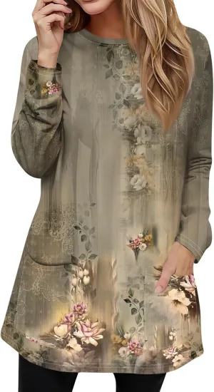 GOFULY Dress Blouses for Women Fall Tunic Tops Loose Fit Trendy Tshirt Long Sleeve Tops Winter Crewneck Outfits with Pockets