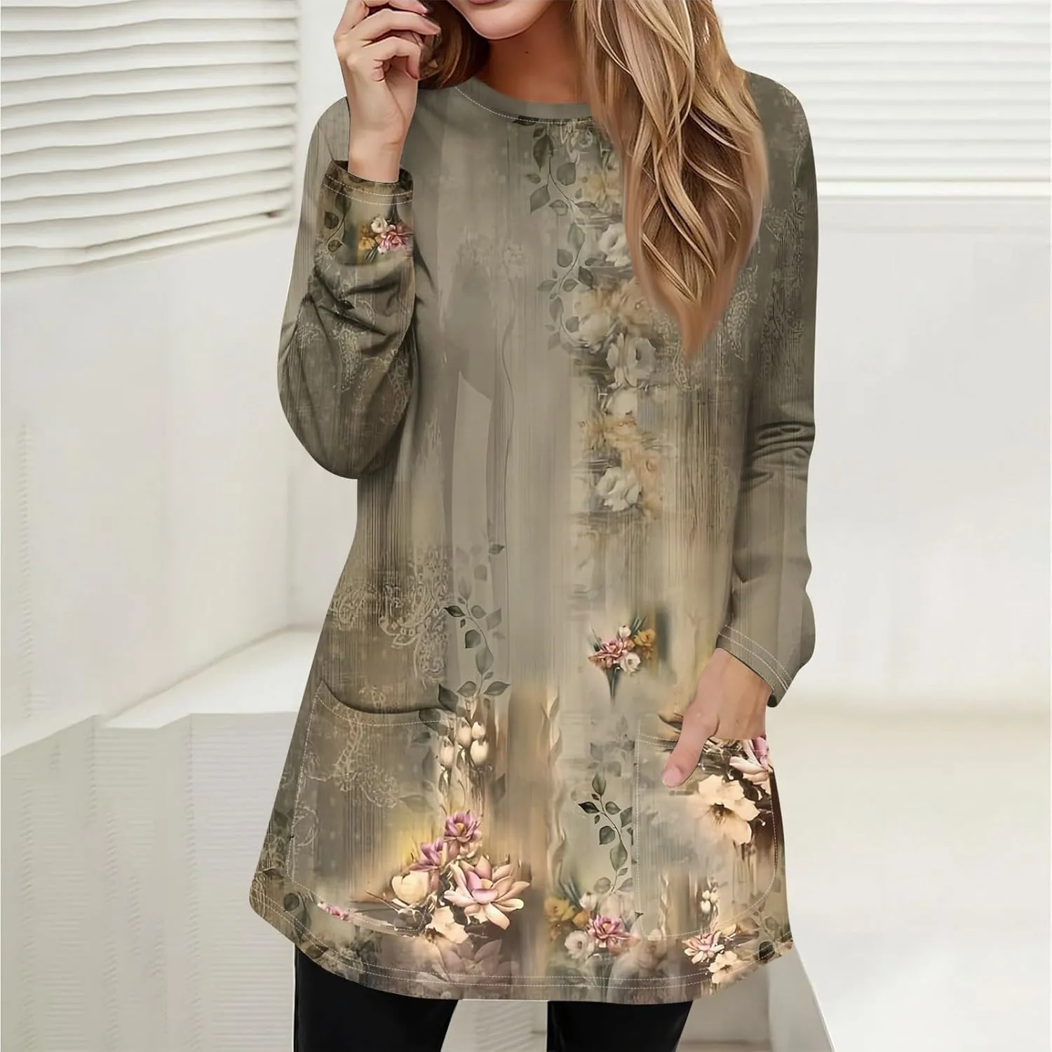 GOFULY Dress Blouses for Women Fall Tunic Tops Loose Fit Trendy Tshirt Long Sleeve Tops Winter Crewneck Outfits with Pockets