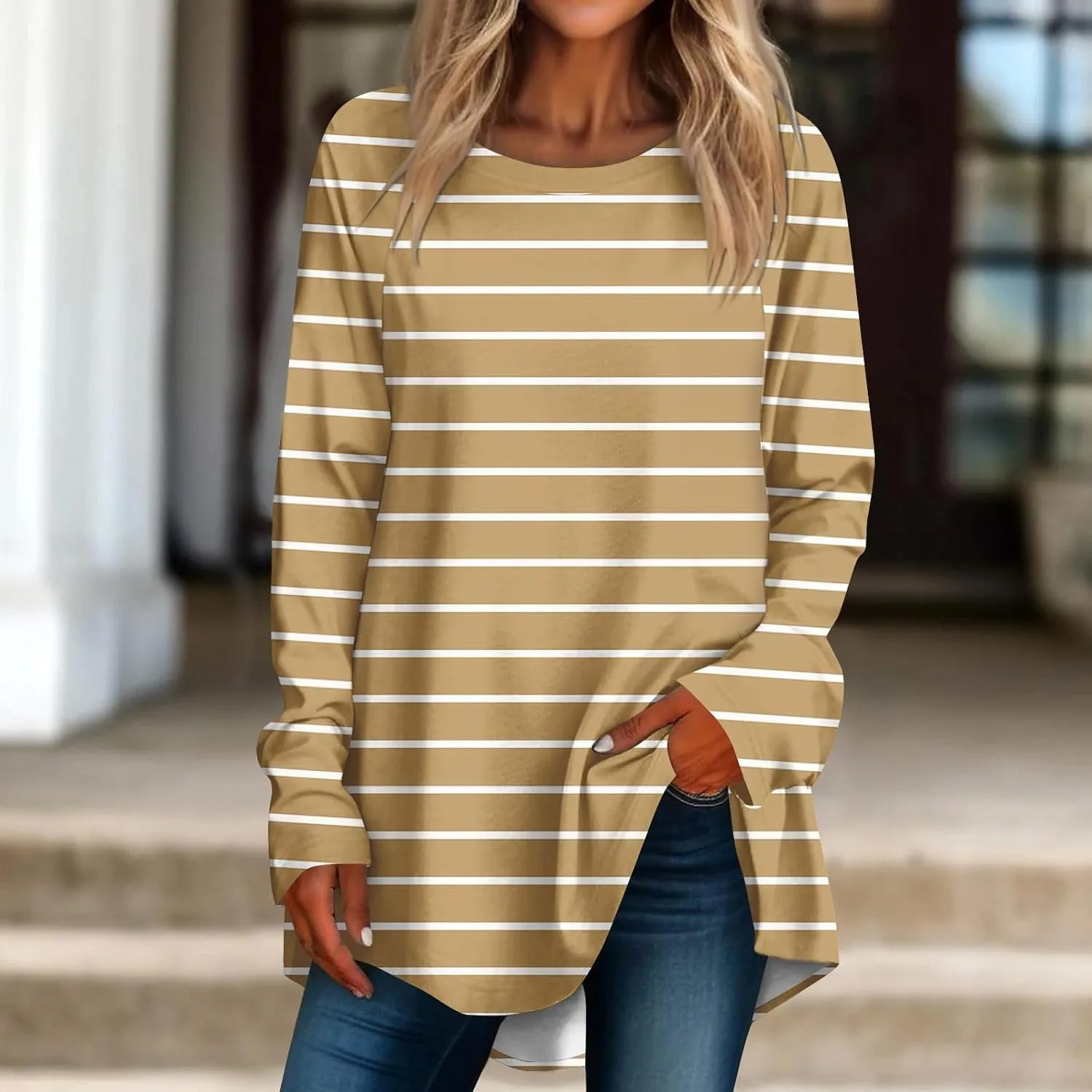 Going Out Tops For Women, Womens Loose Fit Long Sleeve Blouse Trendy Crewneck Tunics Or Tops To Wear With Leggings