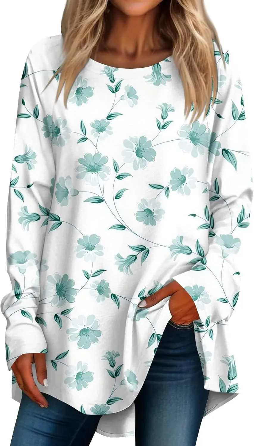 Going Out Tops For Women, Womens Loose Fit Long Sleeve Blouse Trendy Crewneck Tunics Or Tops To Wear With Leggings