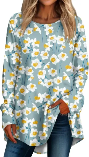 Going Out Tops For Women, Womens Loose Fit Long Sleeve Blouse Trendy Crewneck Tunics Or Tops To Wear With Leggings