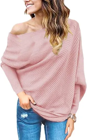 GOLDSTITCH Women's Off Shoulder Batwing Sleeve Loose Pullover Sweater Knit Jumper Oversized Tunics Top