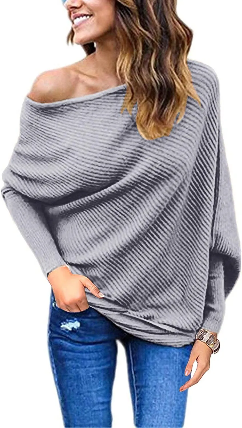 GOLDSTITCH Women's Off Shoulder Batwing Sleeve Loose Pullover Sweater Knit Jumper Oversized Tunics Top