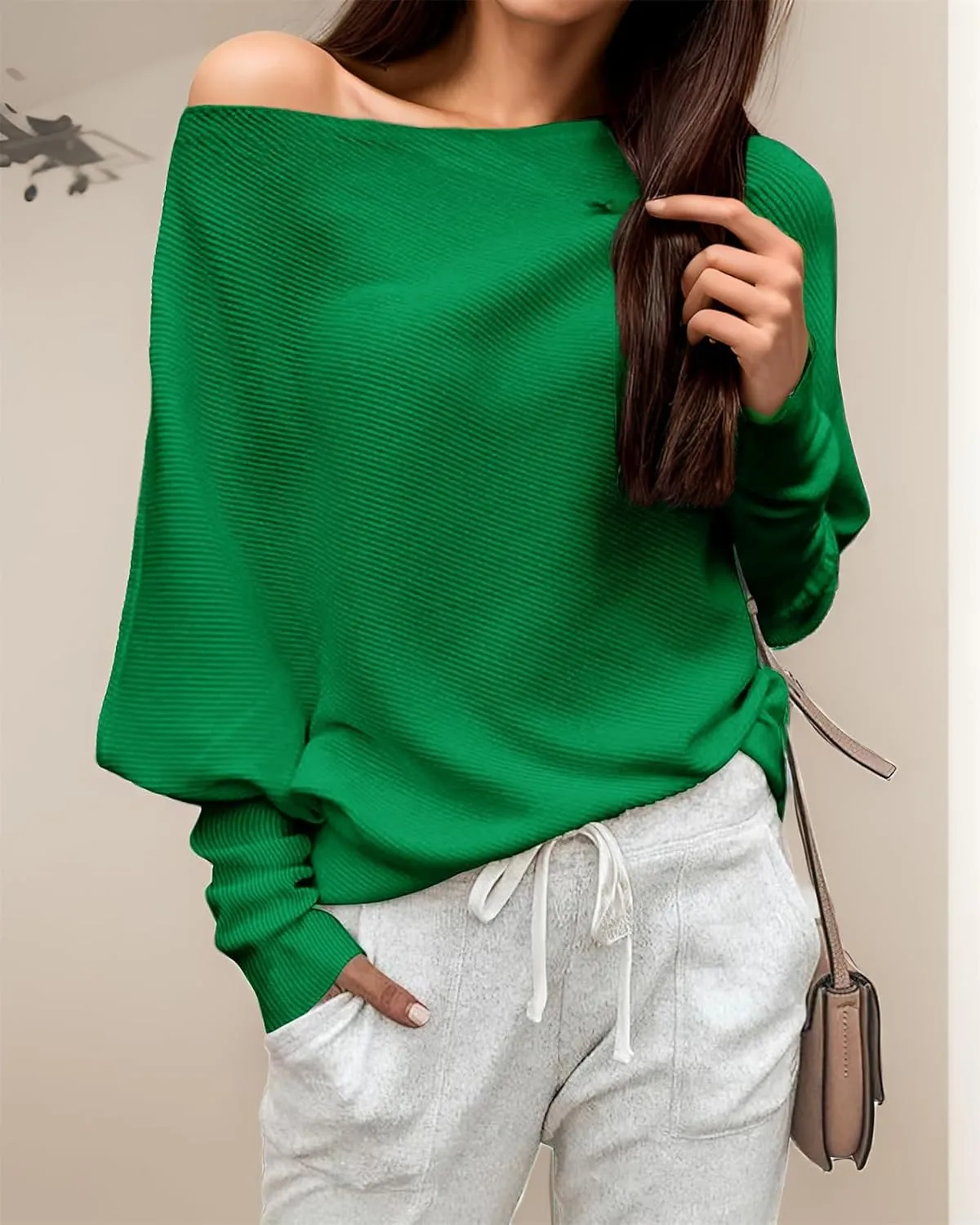 GOLDSTITCH Women's Off Shoulder Batwing Sleeve Loose Pullover Sweater Knit Jumper Oversized Tunics Top