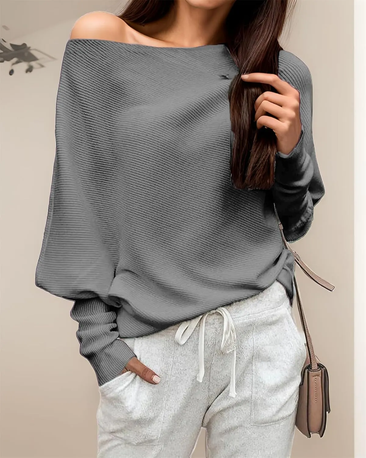 GOLDSTITCH Women's Off Shoulder Batwing Sleeve Loose Pullover Sweater Knit Jumper Oversized Tunics Top