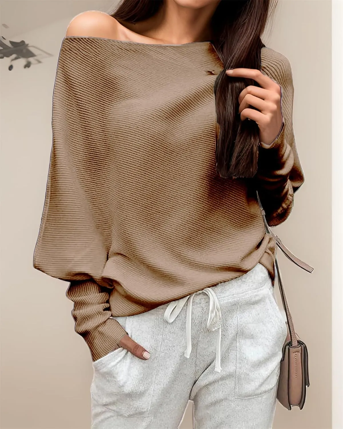 GOLDSTITCH Women's Off Shoulder Batwing Sleeve Loose Pullover Sweater Knit Jumper Oversized Tunics Top