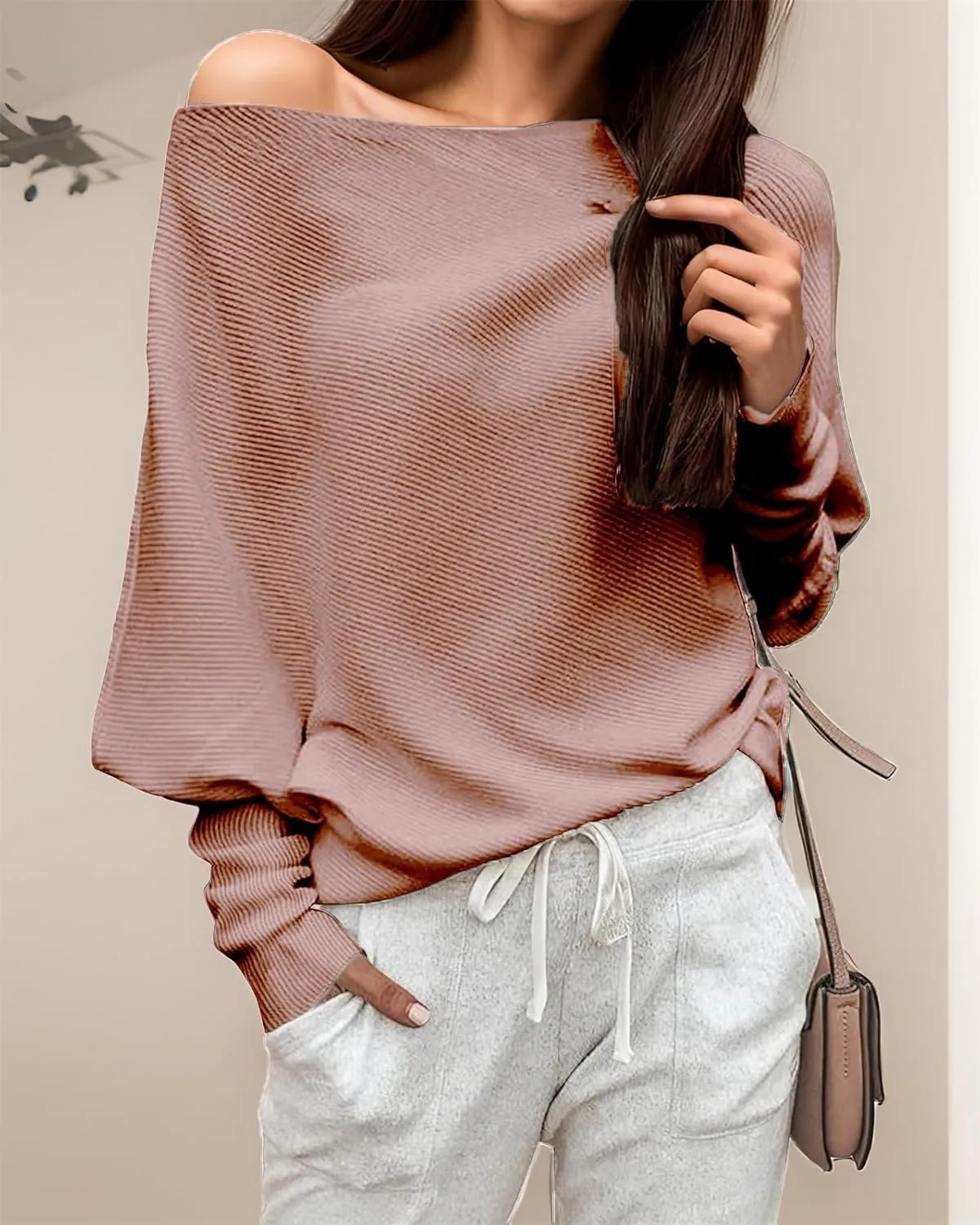 GOLDSTITCH Women's Off Shoulder Batwing Sleeve Loose Pullover Sweater Knit Jumper Oversized Tunics Top
