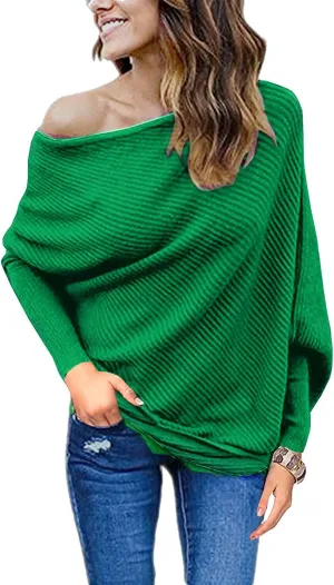 GOLDSTITCH Women's Off Shoulder Batwing Sleeve Loose Pullover Sweater Knit Jumper Oversized Tunics Top
