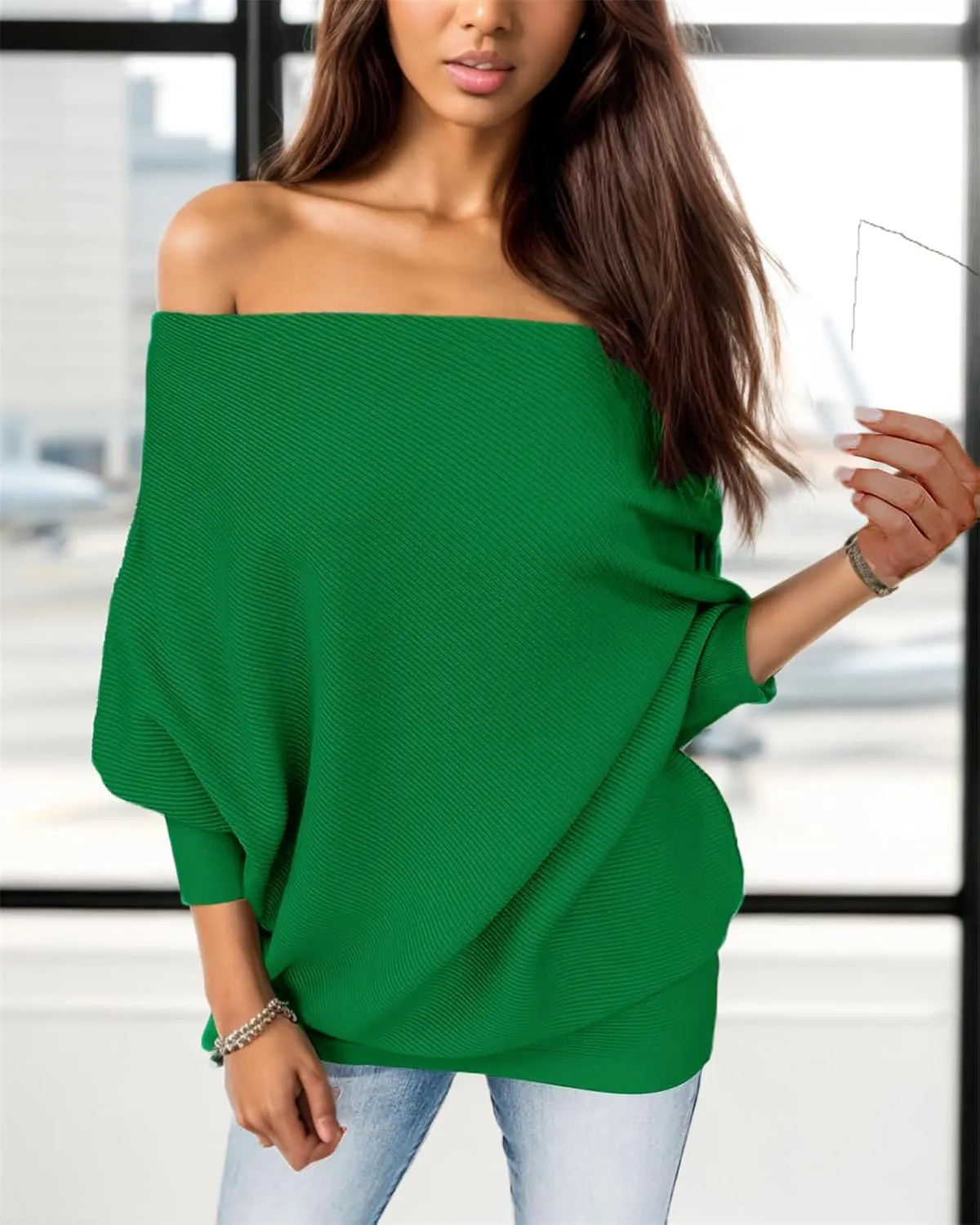 GOLDSTITCH Women's Off Shoulder Batwing Sleeve Loose Pullover Sweater Knit Jumper Oversized Tunics Top