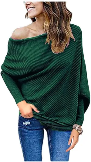 GOLDSTITCH Women's Off Shoulder Batwing Sleeve Loose Pullover Sweater Knit Jumper Oversized Tunics Top