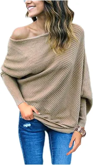 GOLDSTITCH Women's Off Shoulder Batwing Sleeve Loose Pullover Sweater Knit Jumper Oversized Tunics Top