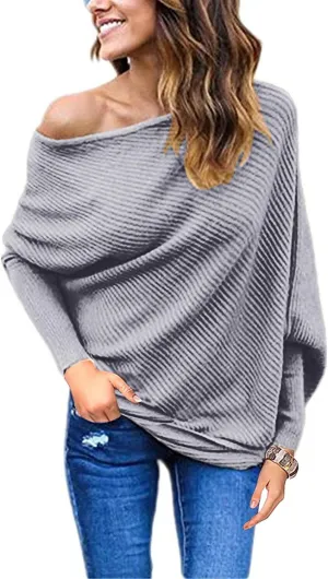 GOLDSTITCH Women's Off Shoulder Batwing Sleeve Loose Pullover Sweater Knit Jumper Oversized Tunics Top