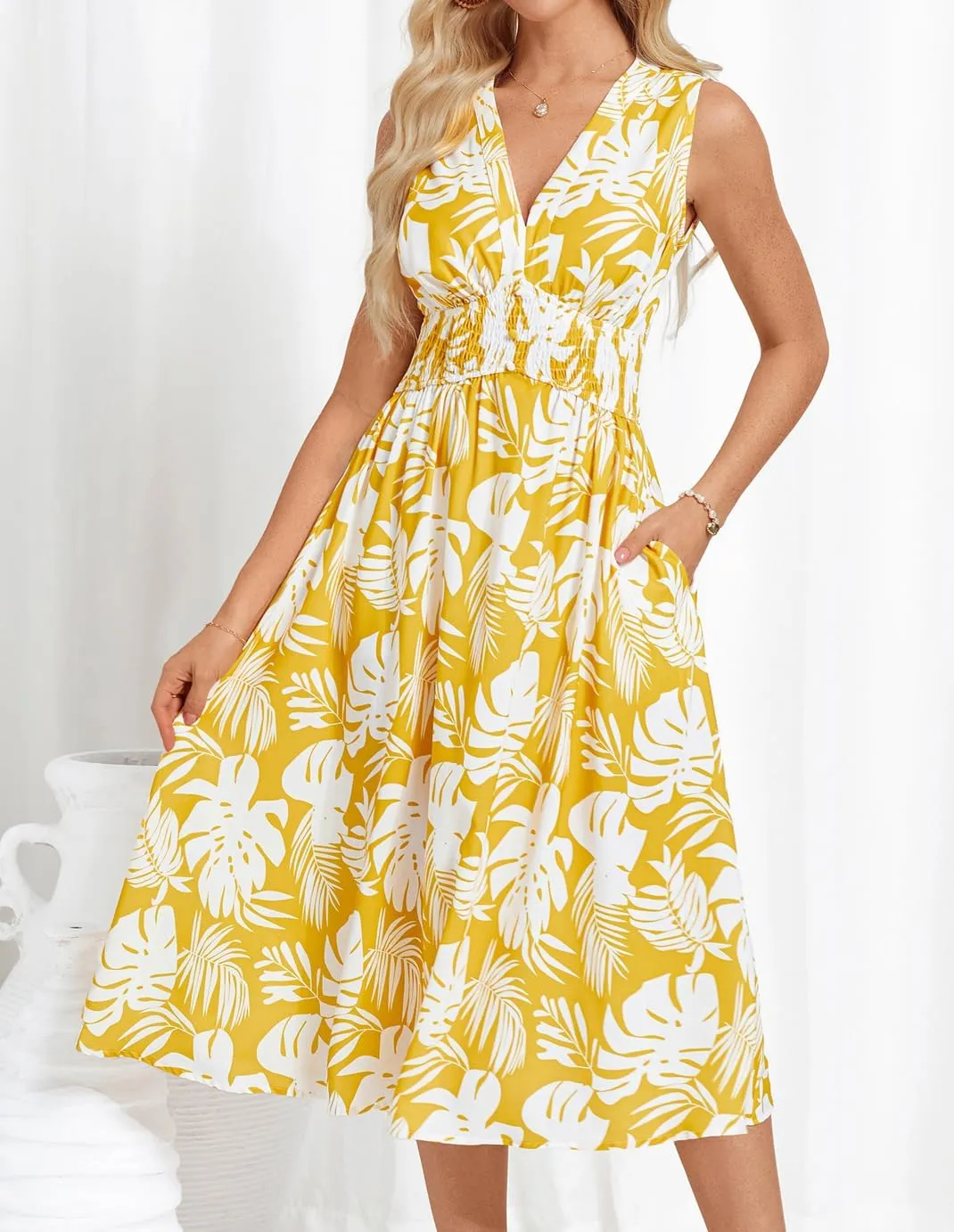 GRACE KARIN Women's 2025 Casual Summer Tank Dress V Neck Sleeveless Midi Floral Beach Dress with Pockets