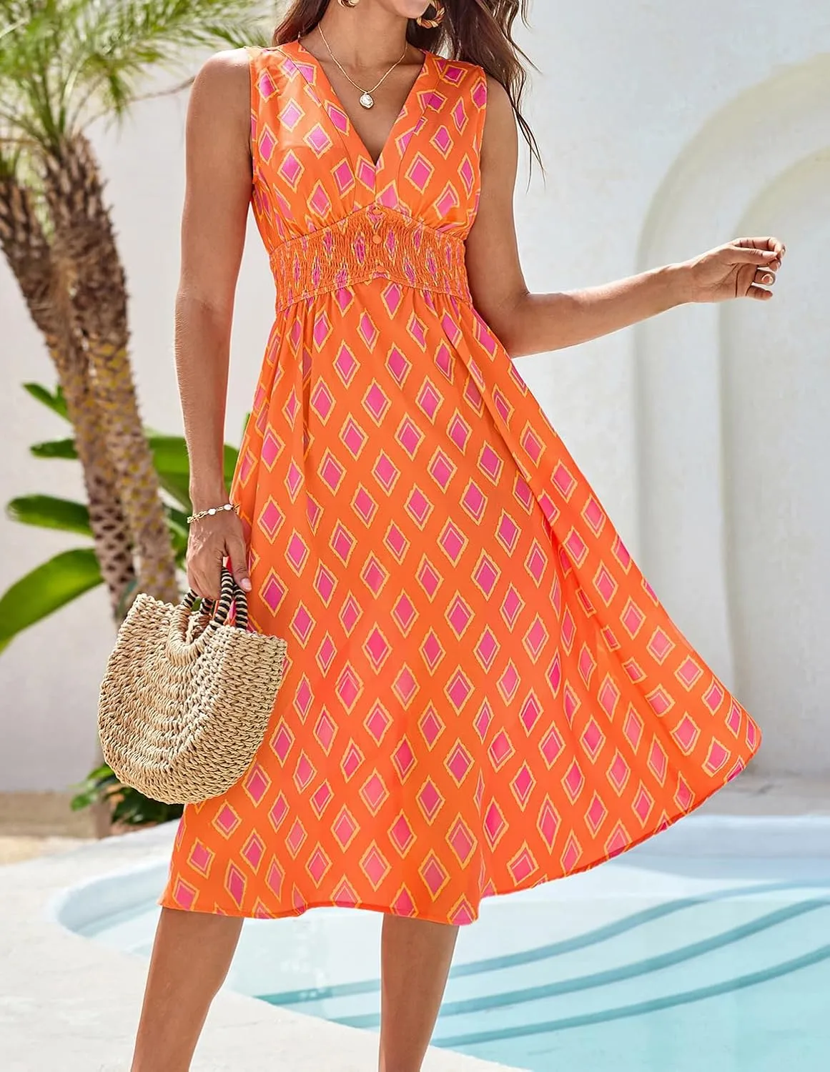 GRACE KARIN Women's 2025 Casual Summer Tank Dress V Neck Sleeveless Midi Floral Beach Dress with Pockets