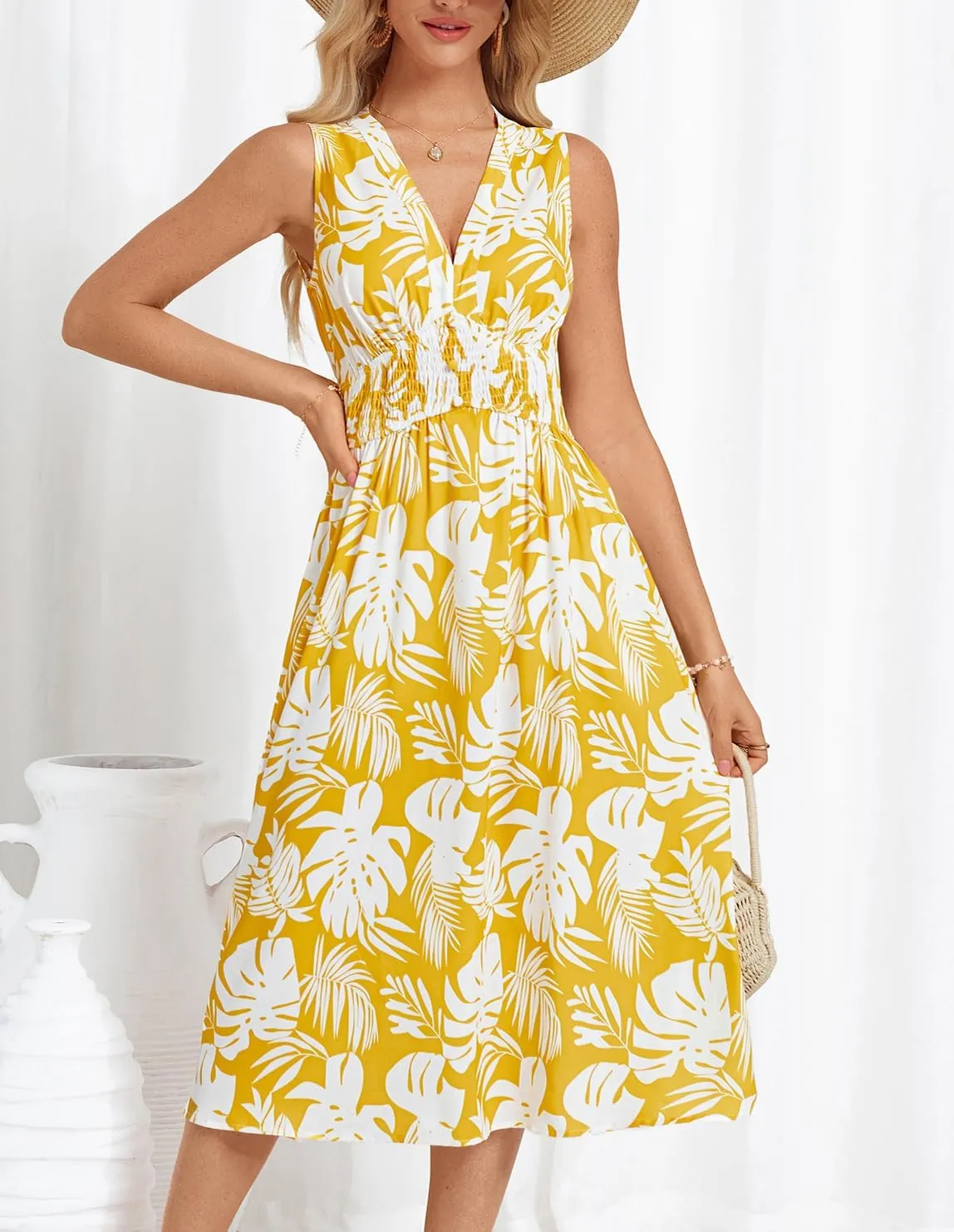 GRACE KARIN Women's 2025 Casual Summer Tank Dress V Neck Sleeveless Midi Floral Beach Dress with Pockets